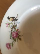Assiettes creuses en porcelaine décor mésanges et roses