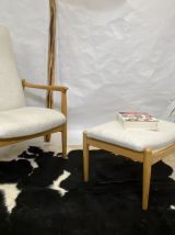 Fauteuil Haut dossier avec ottoman, tissu beige, design  Edm