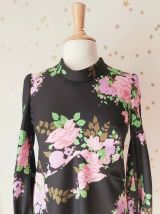 60s robe trapèze fleurie noir rose vert M