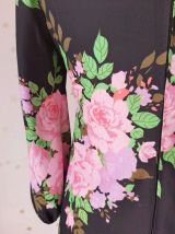 60s robe trapèze fleurie noir rose vert M