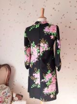 60s robe trapèze fleurie noir rose vert M