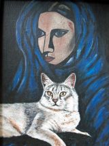 Peinture originale, pièce unique femme voilée et chat.