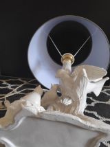 lampe 4 colombes en céramique blanche et abat-jour gris