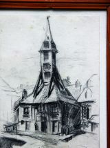 Dessin mine de plomb Eugène Véder "Eglise d'Honfleur". 
