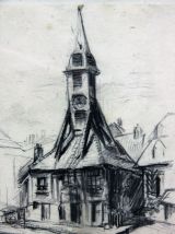 Dessin mine de plomb Eugène Véder "Eglise d'Honfleur". 