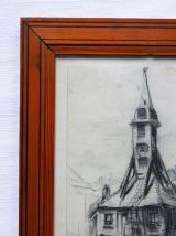 Dessin mine de plomb Eugène Véder "Eglise d'Honfleur". 