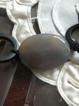 Sautoir lien marron , anneaux bois , cristal anthracite 