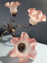 lustre en laiton et verre dépoli rose et blanc
