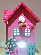 Lampe nichoir rose, lampe de chevet oiseau rose