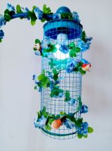 Lampe volière bleue, cage oiseaux, fleurs, télécommande
