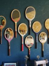 Miroir mural ovale bois raquette tennis vintage "White Crown