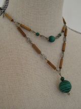 Collier artisanat Pérou malachite et bambou Vintage