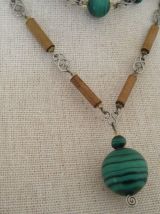 Collier artisanat Pérou malachite et bambou Vintage