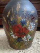 Ancienne cruche en terre cuite à deux anses (décor fleuri)