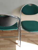 chaises pliantes métal chromé et tissu vert chiné