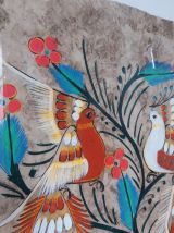  Peinture sur amate du mexique, oiseaux et fleurs, encadrée