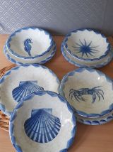 4 assiettes plates et creuses, déco vie marine bord de mer,