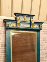 tres grand miroir bisoté ; bois peint  bleu canard 1930 styl