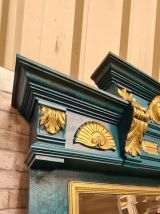 tres grand miroir bisoté ; bois peint  bleu canard 1930 styl