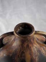 Vase boule noir mat et coulures ocres / lave - G. Méténier