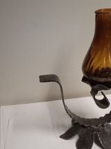 Chamberstick antique avec couvercle en verre soufflé.