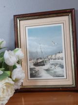 Aquarelle encadrée, chalutiers en mer par le peintre Roland 