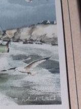 Aquarelle encadrée, chalutiers en mer par le peintre Roland 
