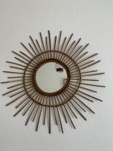 Grand miroir vintage 1960 soleil rotin - 78 cm