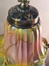 lampe fer forgé 1930 jolie travail et tulipe verre   peint  