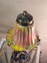 lampe fer forgé 1930 jolie travail et tulipe verre   peint  
