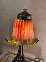 lampe fer forgé 1930 jolie travail et tulipe verre   peint  