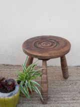 Tabouret de traite tripode, bois massif, pieds tournés