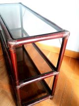 Console étagère rotin et verre fumé 