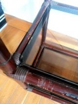 Console étagère rotin et verre fumé 