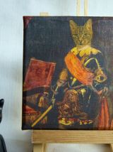 Tableau petit format peinture de chat en costume ancien. 