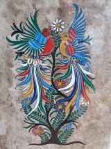 Peinture sur amate du Mexique, oiseaux et fleurs, encadrée