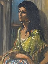 Portrait d'une femme gitane. Huile encadrée. 1950.