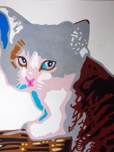 Dessin original chaton dans son panier. Peinture acrylique.