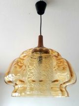 Suspension vintage en verre et teck style Orrefors 