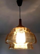 Suspension vintage en verre et teck style Orrefors 