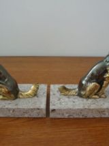 Serre livres vintage épagneuls en régule socle marbre