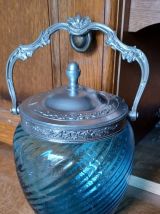 ANCIEN POT/SEAU A BISCUITS EN VERRE TURQUOISE Epoque 1900