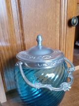 ANCIEN POT/SEAU A BISCUITS EN VERRE TURQUOISE Epoque 1900