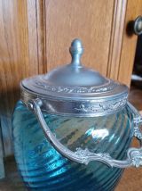 ANCIEN POT/SEAU A BISCUITS EN VERRE TURQUOISE Epoque 1900