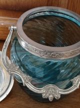 ANCIEN POT/SEAU A BISCUITS EN VERRE TURQUOISE Epoque 1900