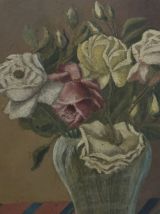 Tableau vase avec roses bohème nappe rayé 