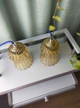 Duo lampes tulipes verre cannelé doré