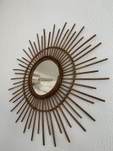 Grand miroir vintage 1960 soleil rotin osier - 78 cm