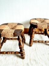 Paire de tabourets de cheminée bois et paille 1950 
