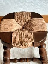 Paire de tabourets de cheminée bois et paille 1950 